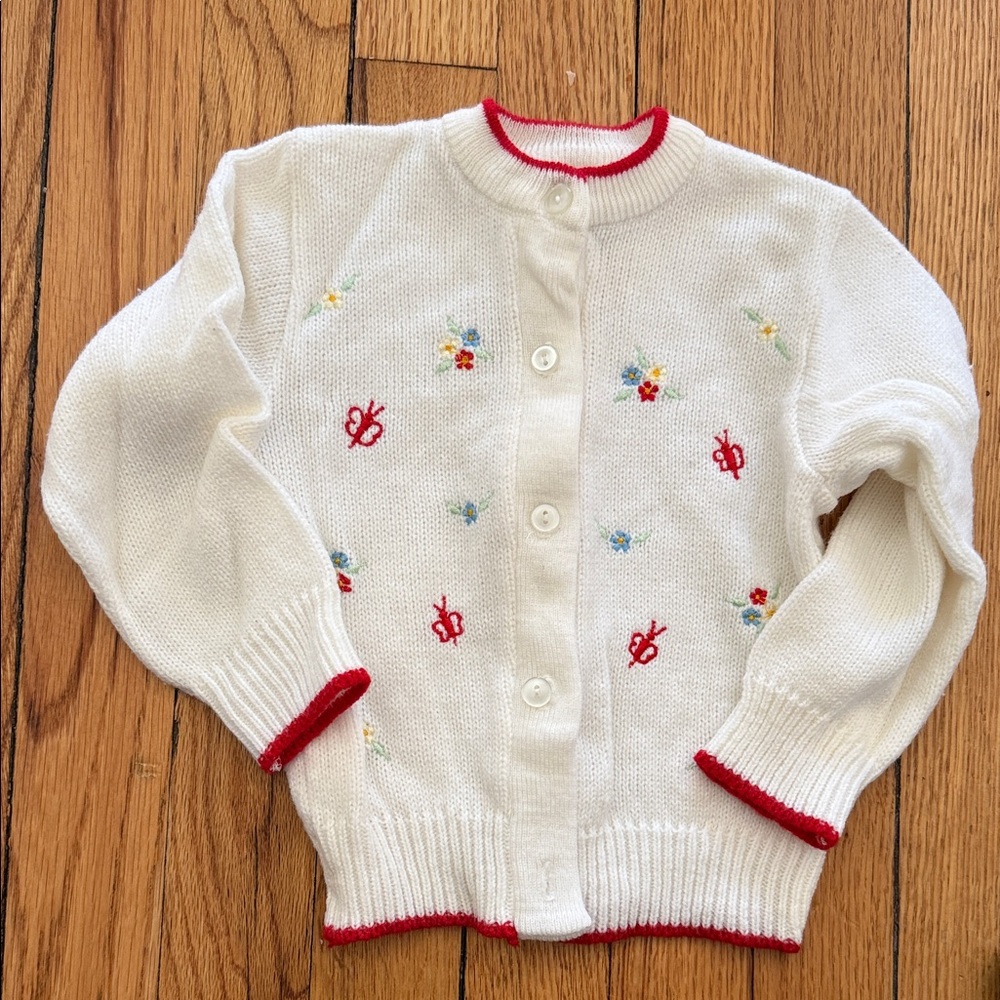 White Embroidered Cardigan with Red Trim